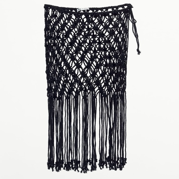 NWT ZARA Fringed Mesh Beaded Skirt Beach Cover Cotton Blend Open Side Tie - Picture 3 of 12